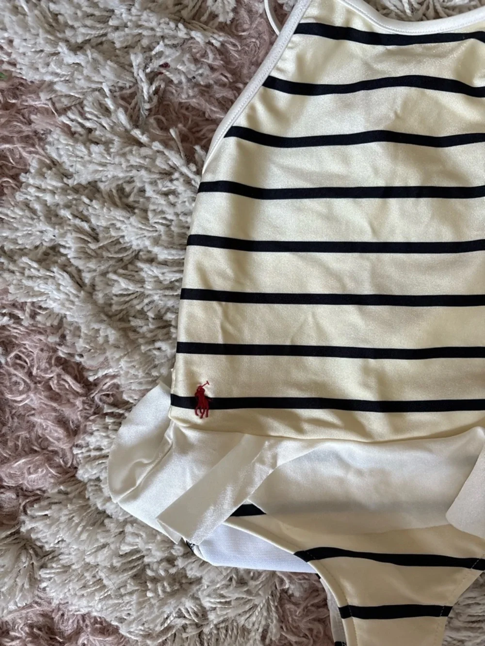 Ralph Lauren White and Navy Striped Ruffle One-Piece Swimsuit